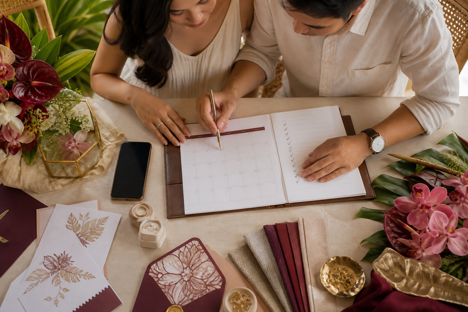 Filipino couple organizing a wedding planning checklist